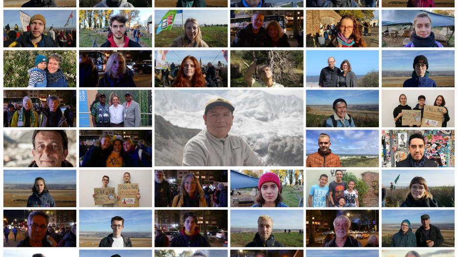 Collage von mehreren Menschen, die sich mit Saúl Luciano Lliuya solidarisieren. Saúl ist in der Mitte zu sehen.